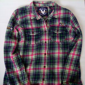 Superdry Japan Women Size S Button Front Long Sleeve Shirt Green/Pink Plaid